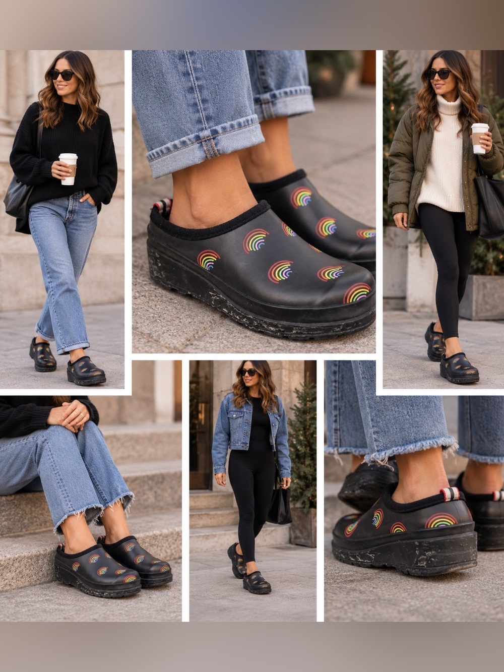 Hunter Original Play Clog Rainbow Print Waterproof Black Garden Mule Shoes US 6